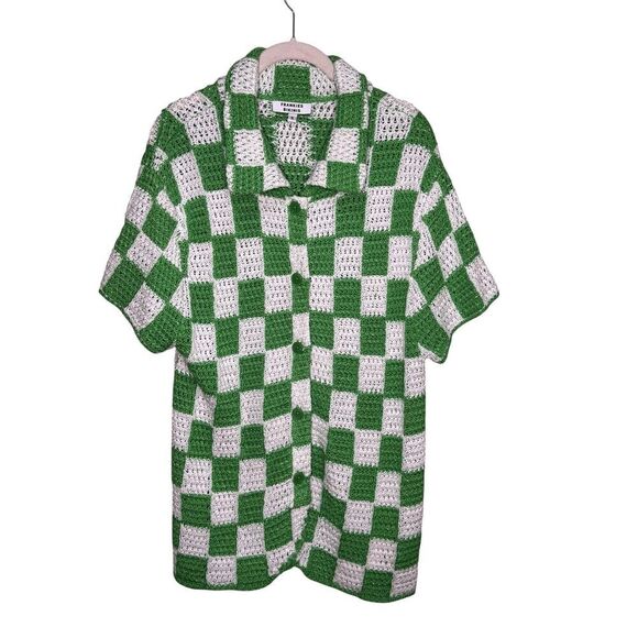 Other - Frankies Bikinis Cover Up Womens Small Green Check Crochet Short Sleeve Cardigan